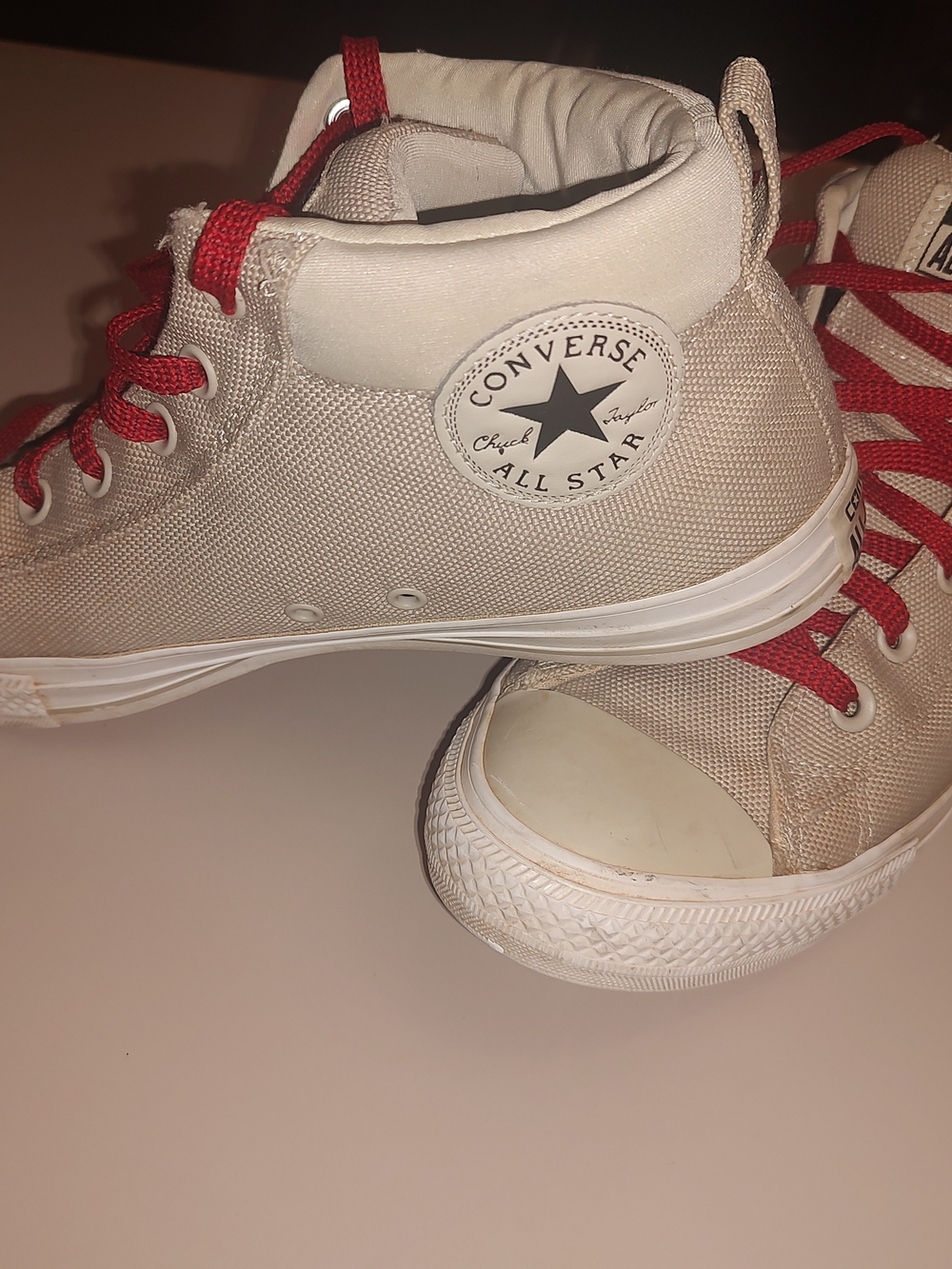 Converse All Star Beige Canvas High-Top Sneakers with Red Laces